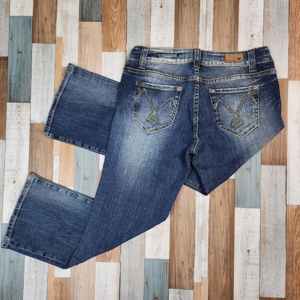 Vigoss Womens Bootcut Jeans Medium Wash Distressed Embroidered Size 13 Blue